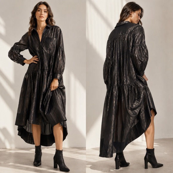 Pilcro Dresses & Skirts - Pilcro Anthropologie High Low Dress Metallic Tiered Maxi Black XS Goth Oversized